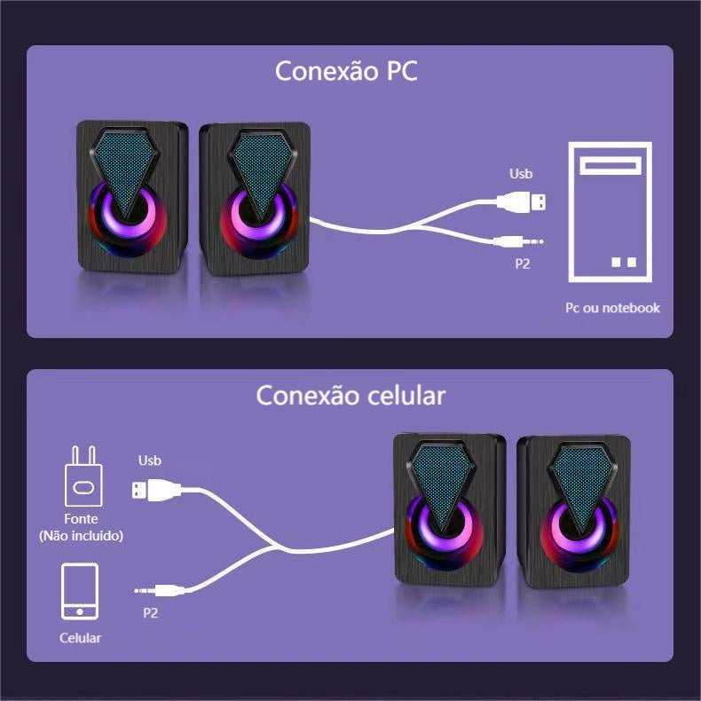 Caixa de Som PC Gamer RGB Estéreo 2.0