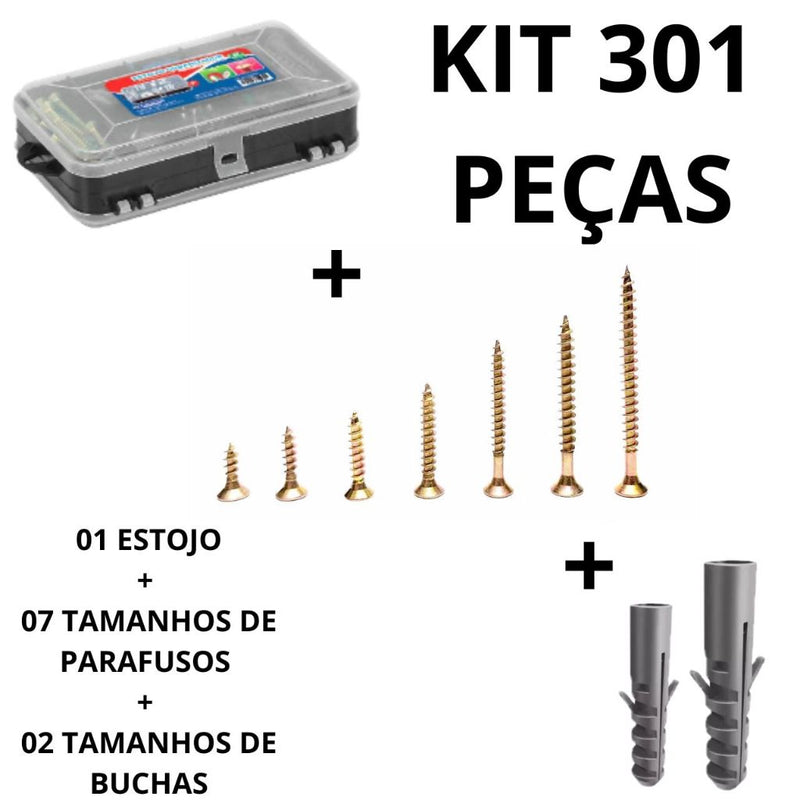 Kit Parafusos Chipboard Philips + Buchas + Estojo Organizador (300 Peças)
