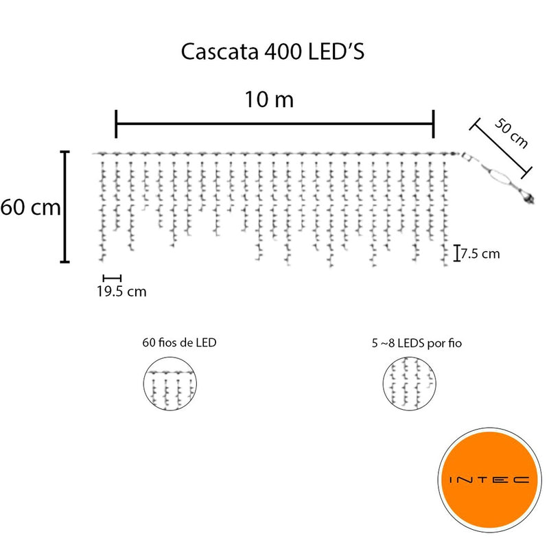 Cascata 400 LEDs 10m (Fixo ou 8 Funções • 110V/220V)