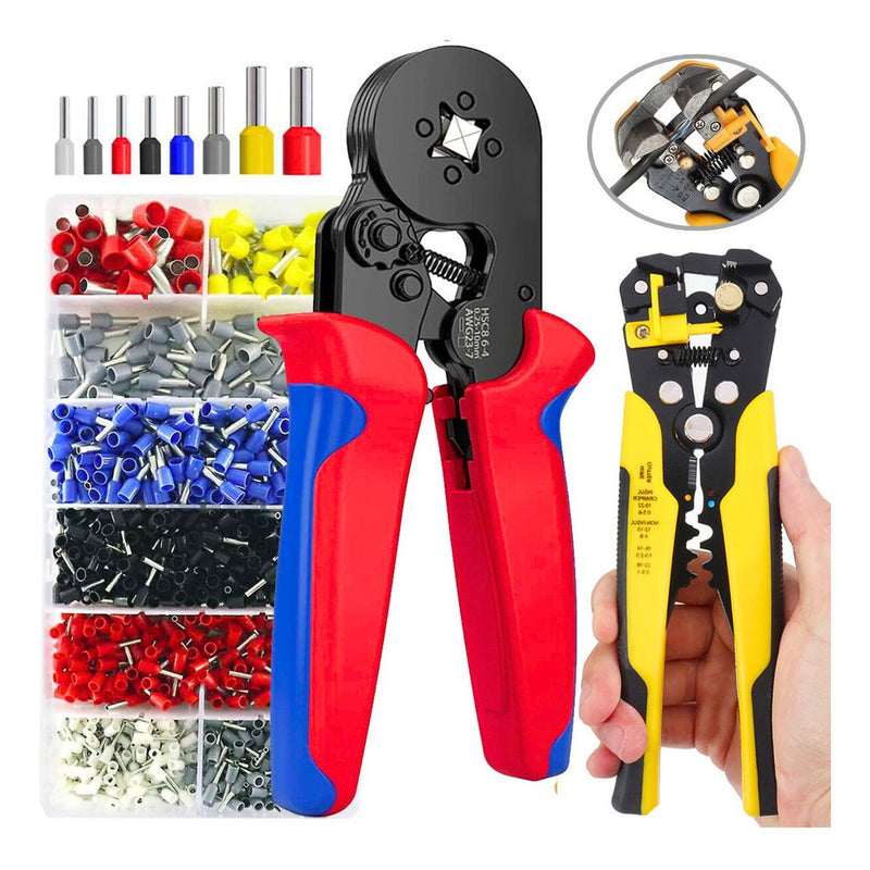Kit Alicate Crimpador, Descascador e 1200 Terminais Ilhós Tubular