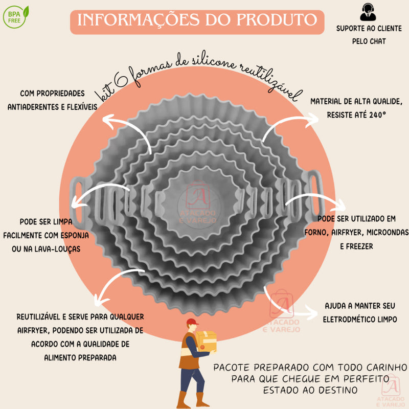 Kit 6 Cestos de Silicone Antiaderente para AirFryer