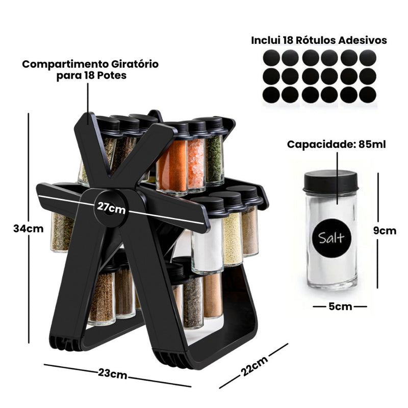 Porta Tempero Giratório 360º com 18 Potes de Vidro + Adesivos