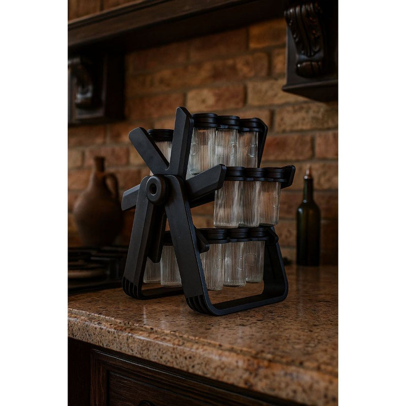 Porta Tempero Giratório 360º com 18 Potes de Vidro + Adesivos