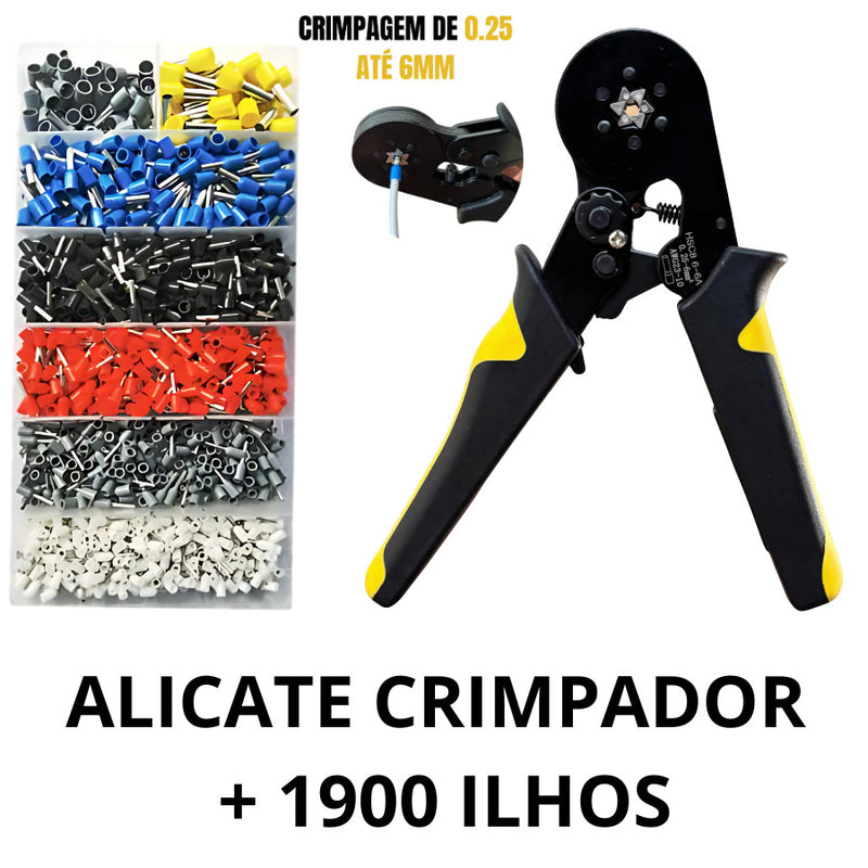 Kit Alicate Crimpador, Descascador e 1200 Terminais Ilhós Tubular