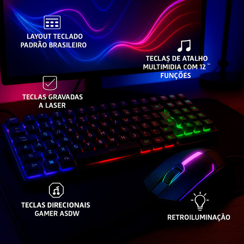 Kit Gamer Teclado Semi Mecânico + Mouse 2400 DPI RGB