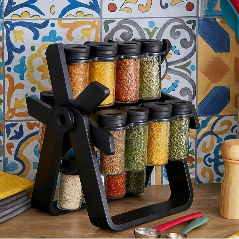 Porta Tempero Giratório 360º com 18 Potes de Vidro + Adesivos