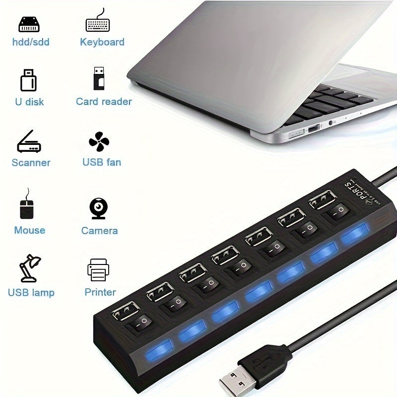 Hub USB 2.0 com 7 Portas e LEDs – Expanda Suas Conexões com Praticidade e Estilo